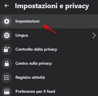 Impostazioni, menù Facebook