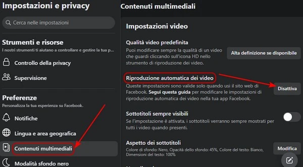 Facebook, impostazioni avvio automatico dei video