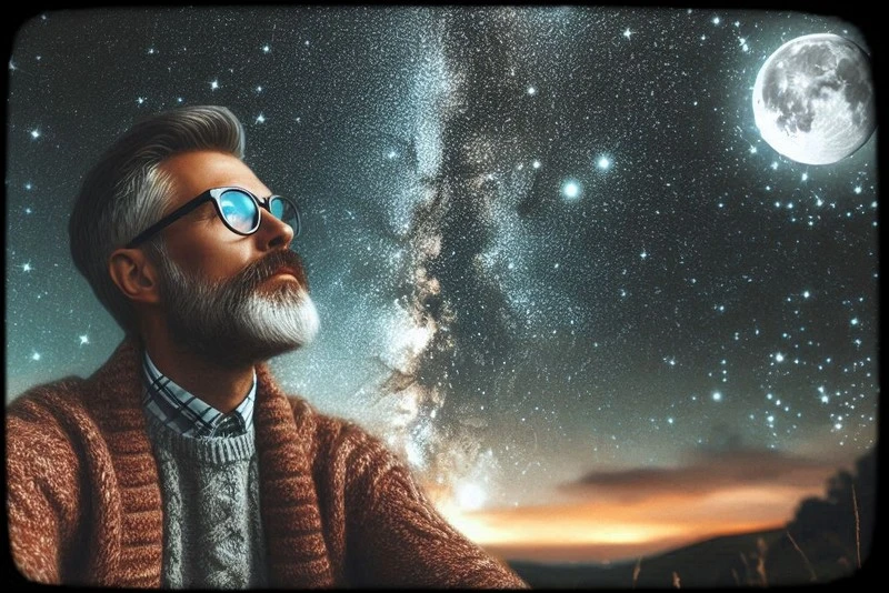 Astronomia. Un uomo osserva l'Universo, le stelle. Immagine generata con intelligenza artificiale